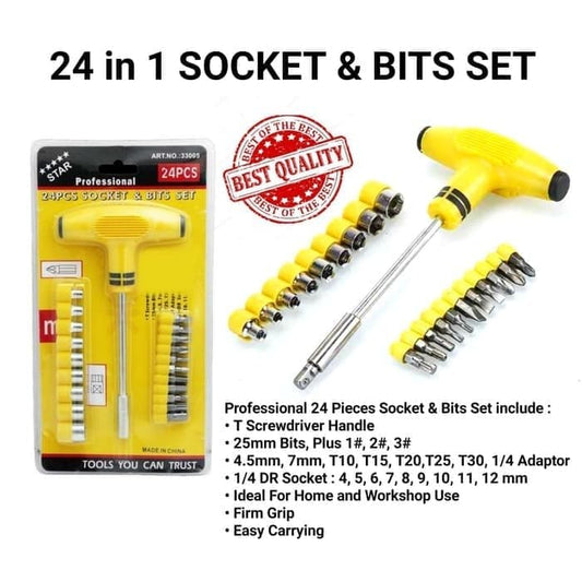 24 Pieces Socket and Bits Tool Set, Yellow